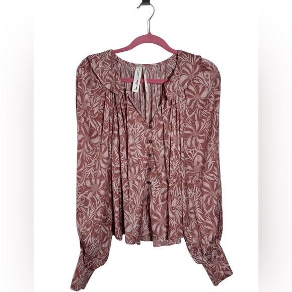 Anthropologie Tops - Anthropologie Pink Floral Boho Blouse Size SM Ruffle Tie Neck Peasant